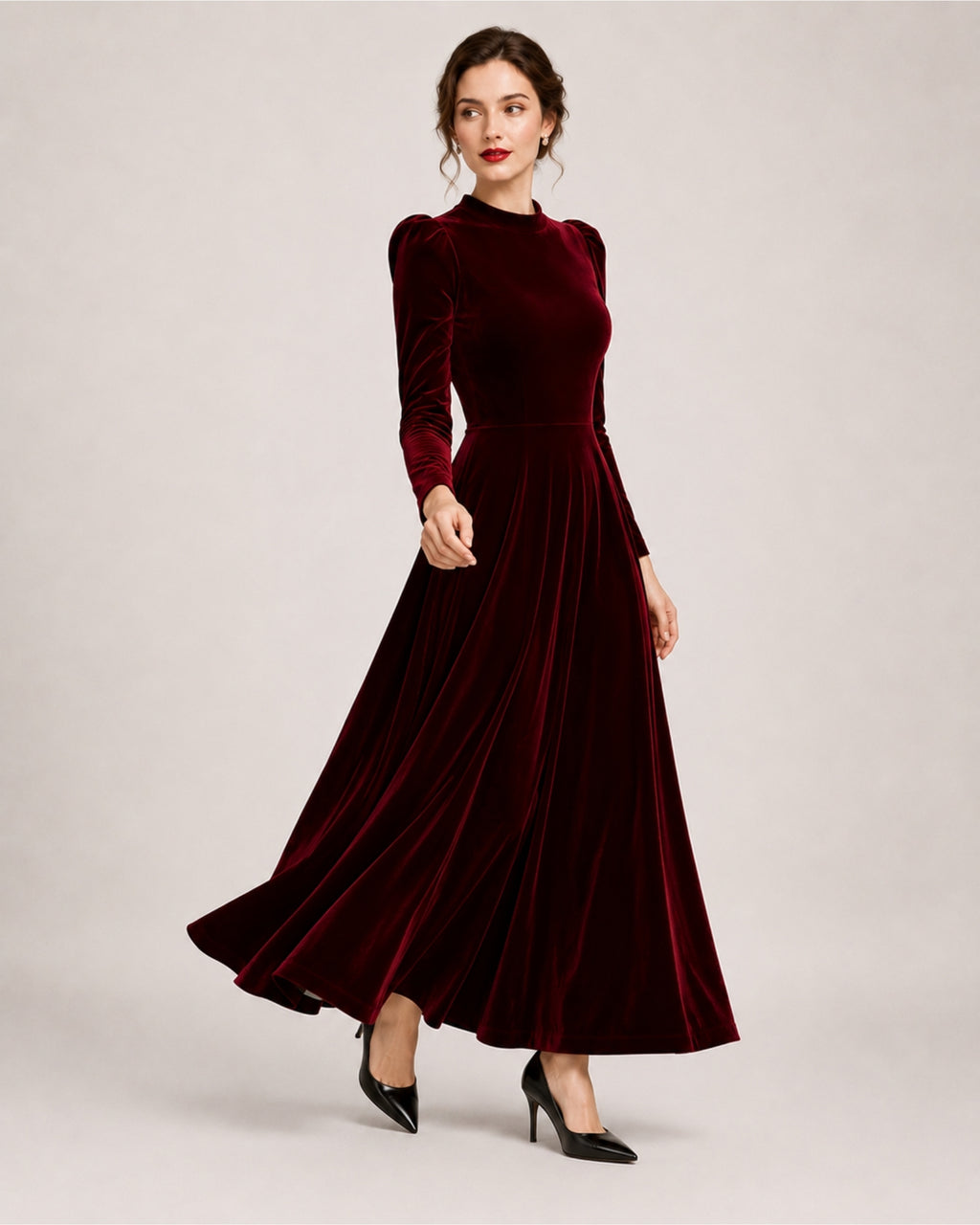 Women's Velvet Dress Midi Long Sleeve A Line Style