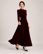 Women's Velvet Dress Midi Long Sleeve A Line Style