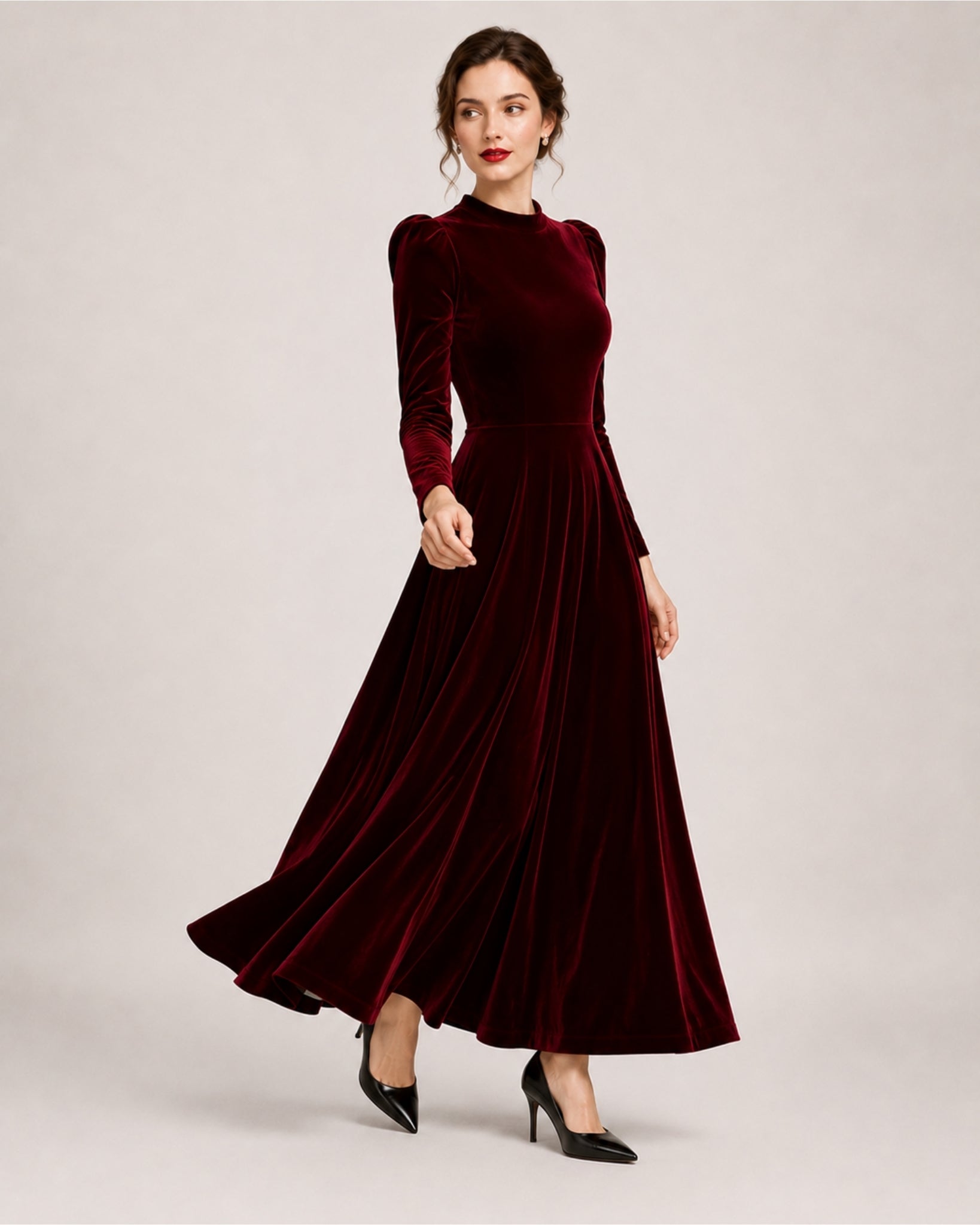 Women's Velvet Dress Midi Long Sleeve A Line Style