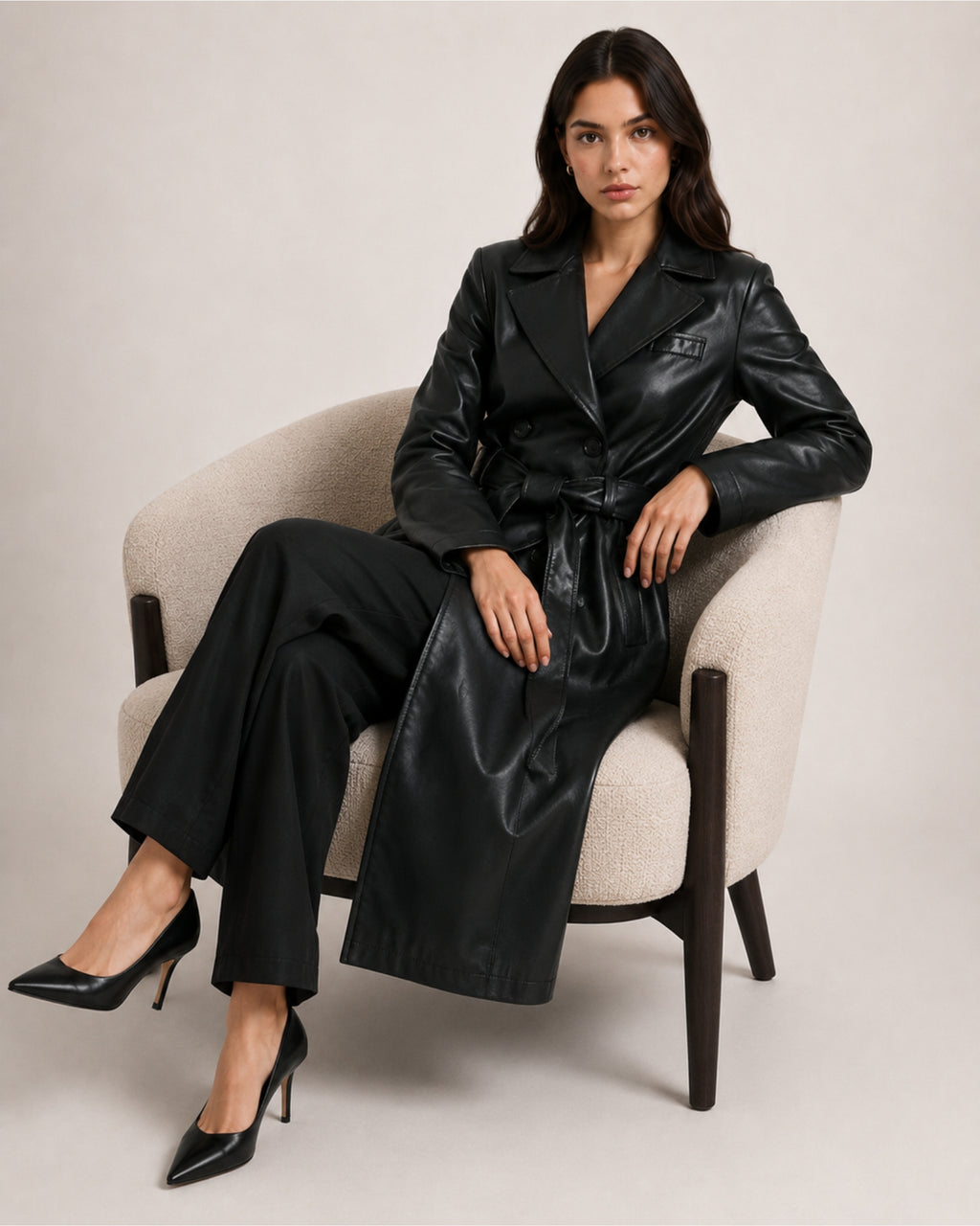 Women's Trench Coat Faux Leather Longline Belted Style