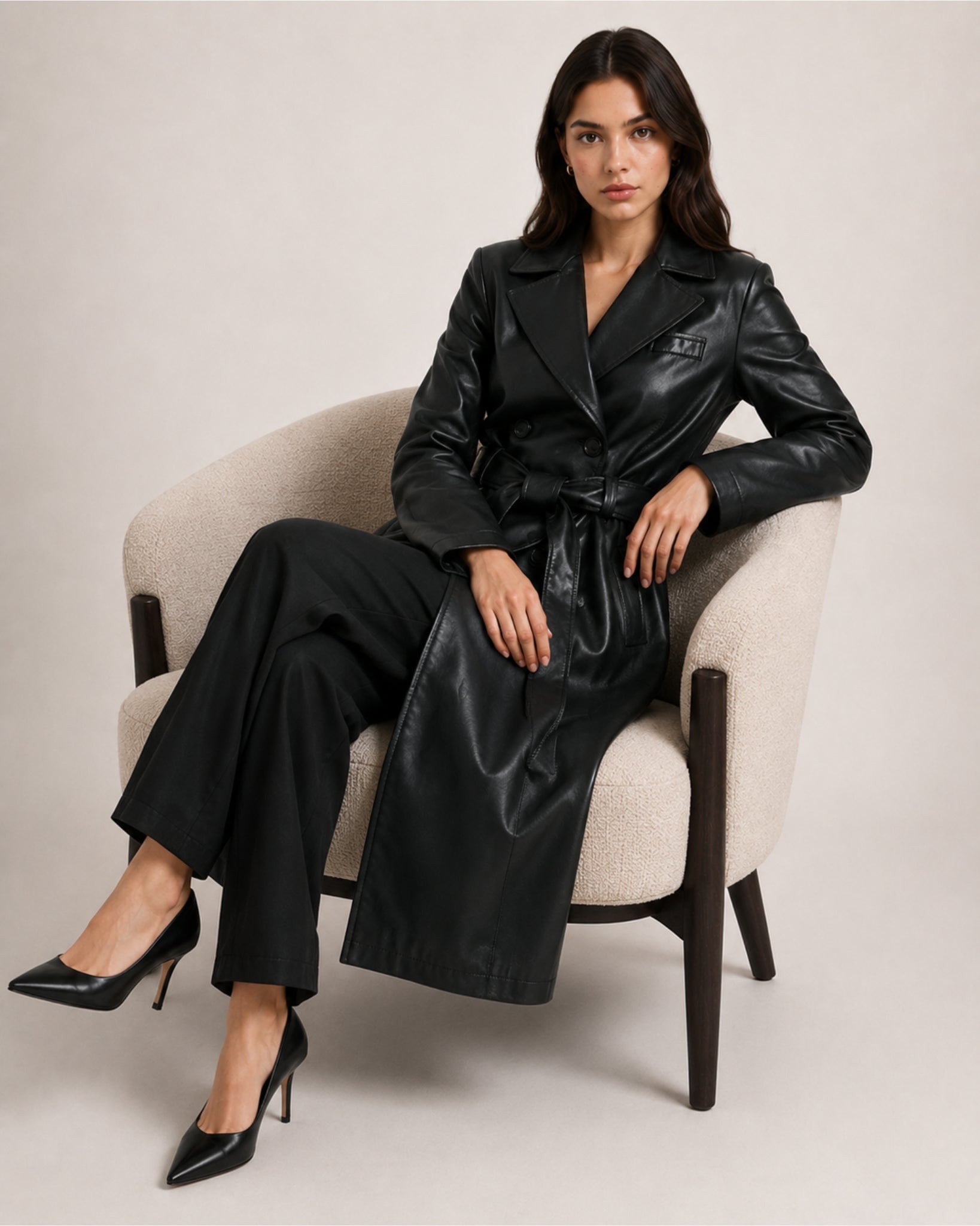 Women's Trench Coat Faux Leather Longline Belted Style