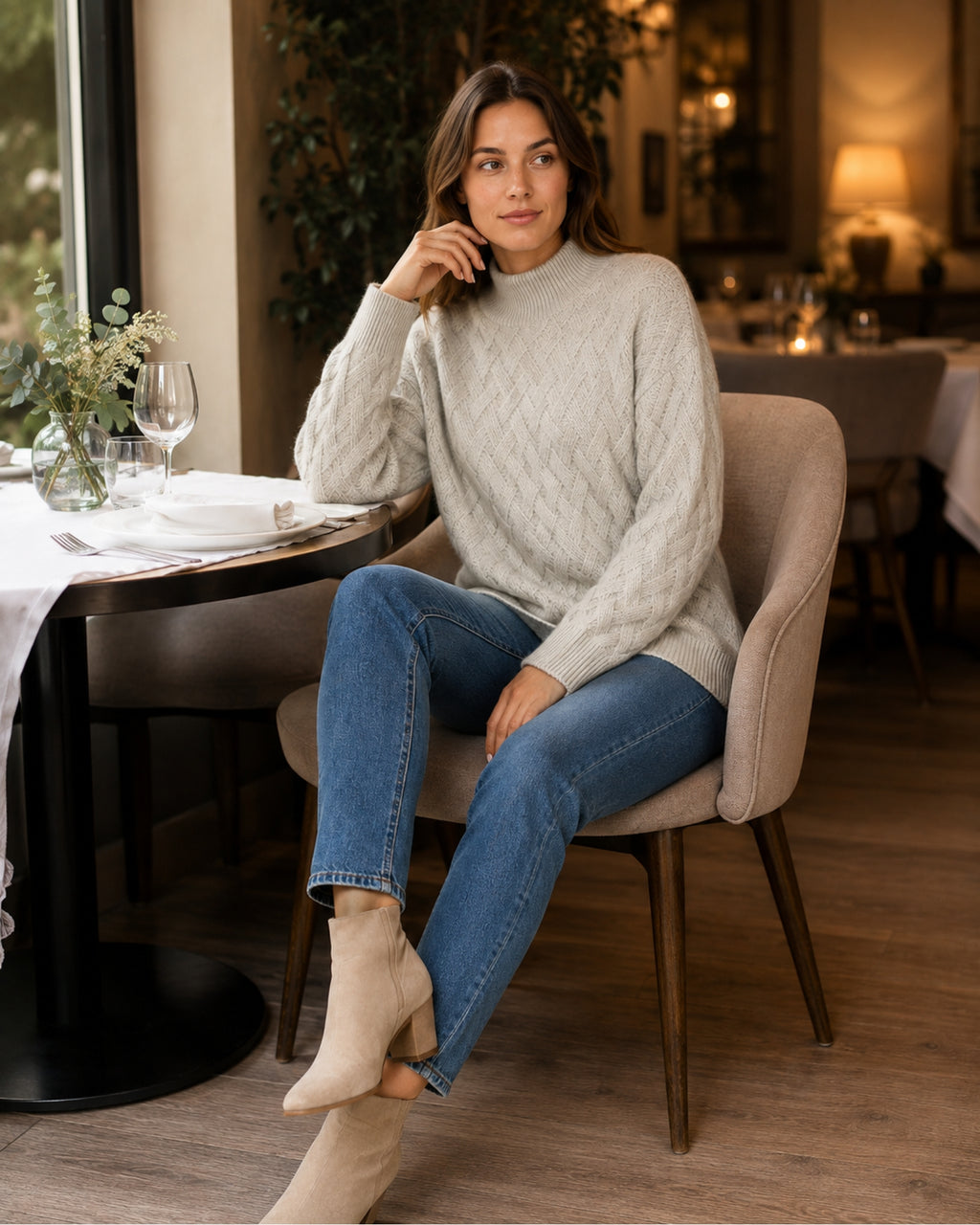 Women's Textured Roll-Neck Jumper with Basketweave Knit