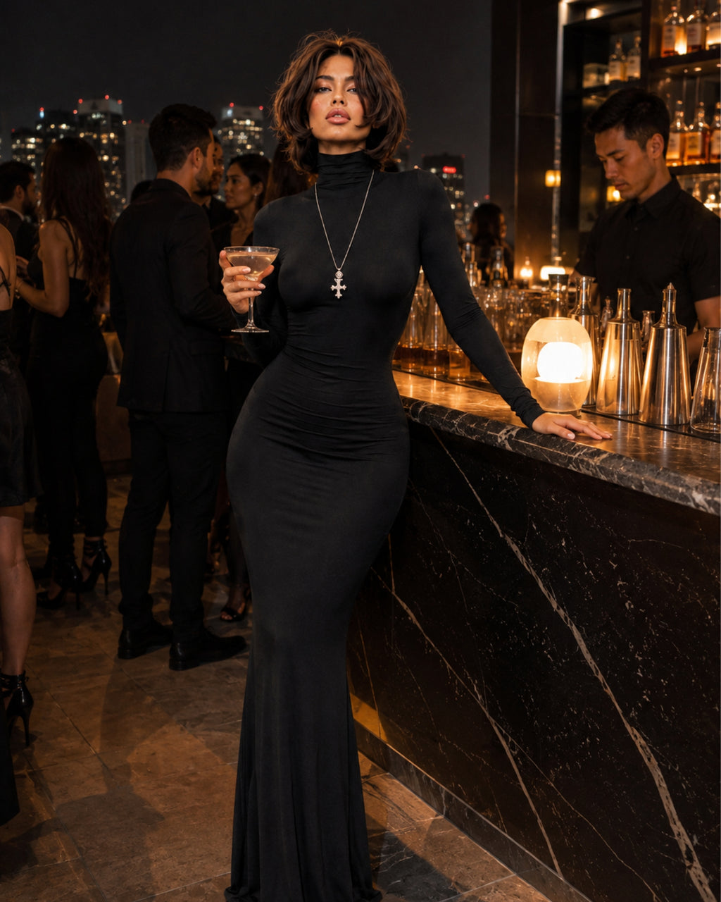 Women's Long Sleeve Bodycon Maxi Dress with High Neck