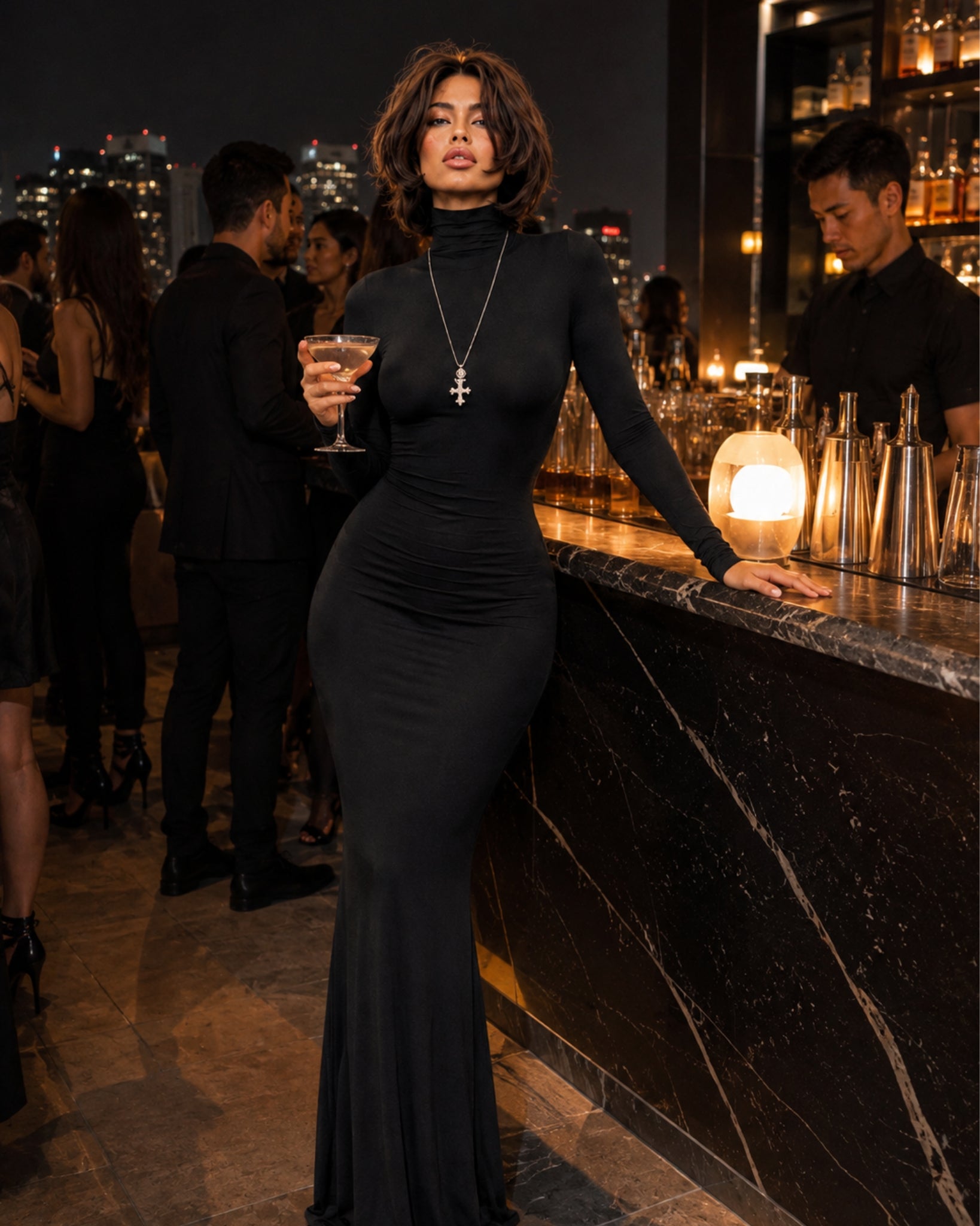 Women's Long Sleeve Bodycon Maxi Dress with High Neck