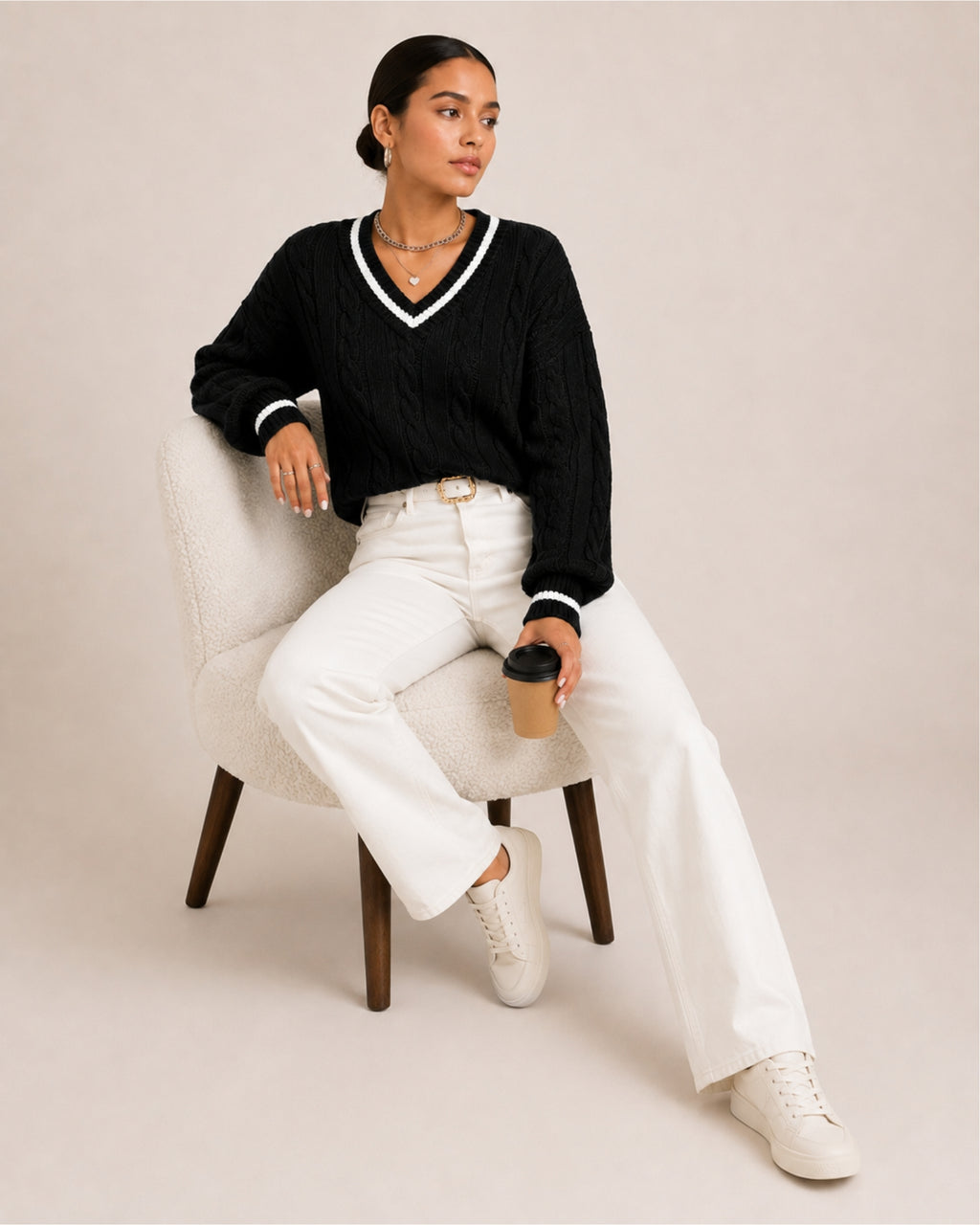 Women's V Neck Cable Knit Jumper with Contrast Trim