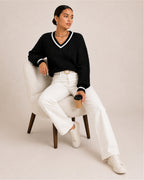 Women's V Neck Cable Knit Jumper with Contrast Trim