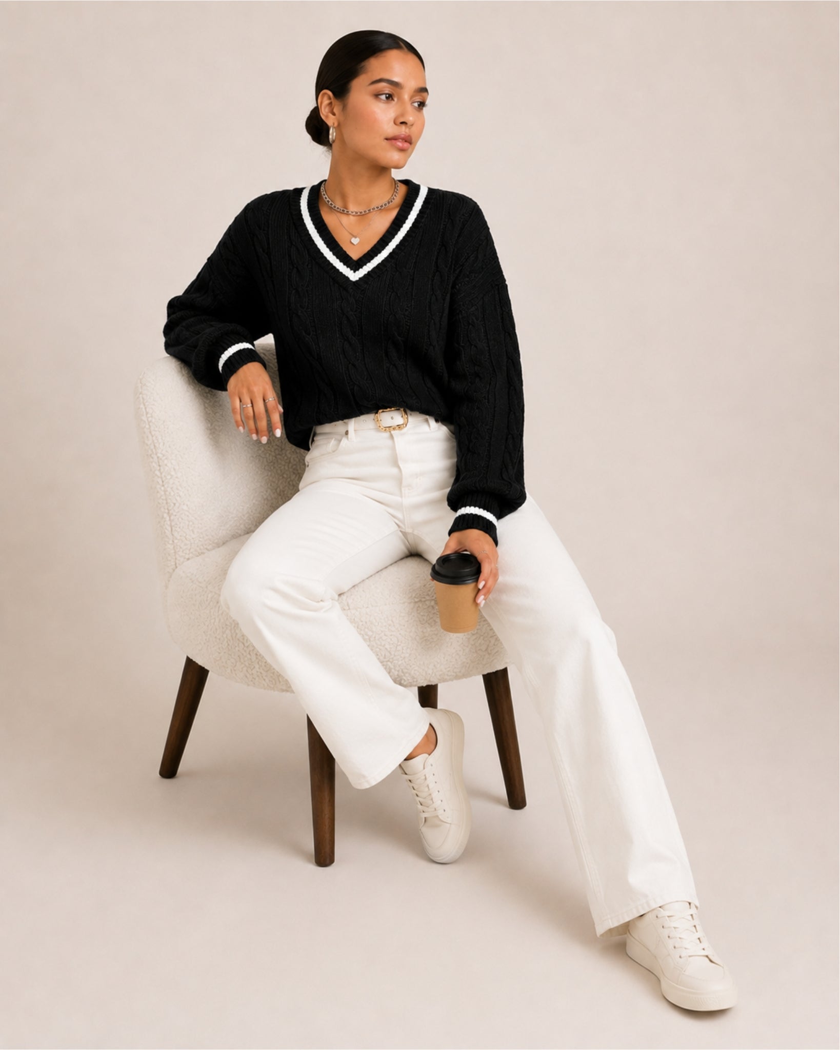 Women's V Neck Cable Knit Jumper with Contrast Trim