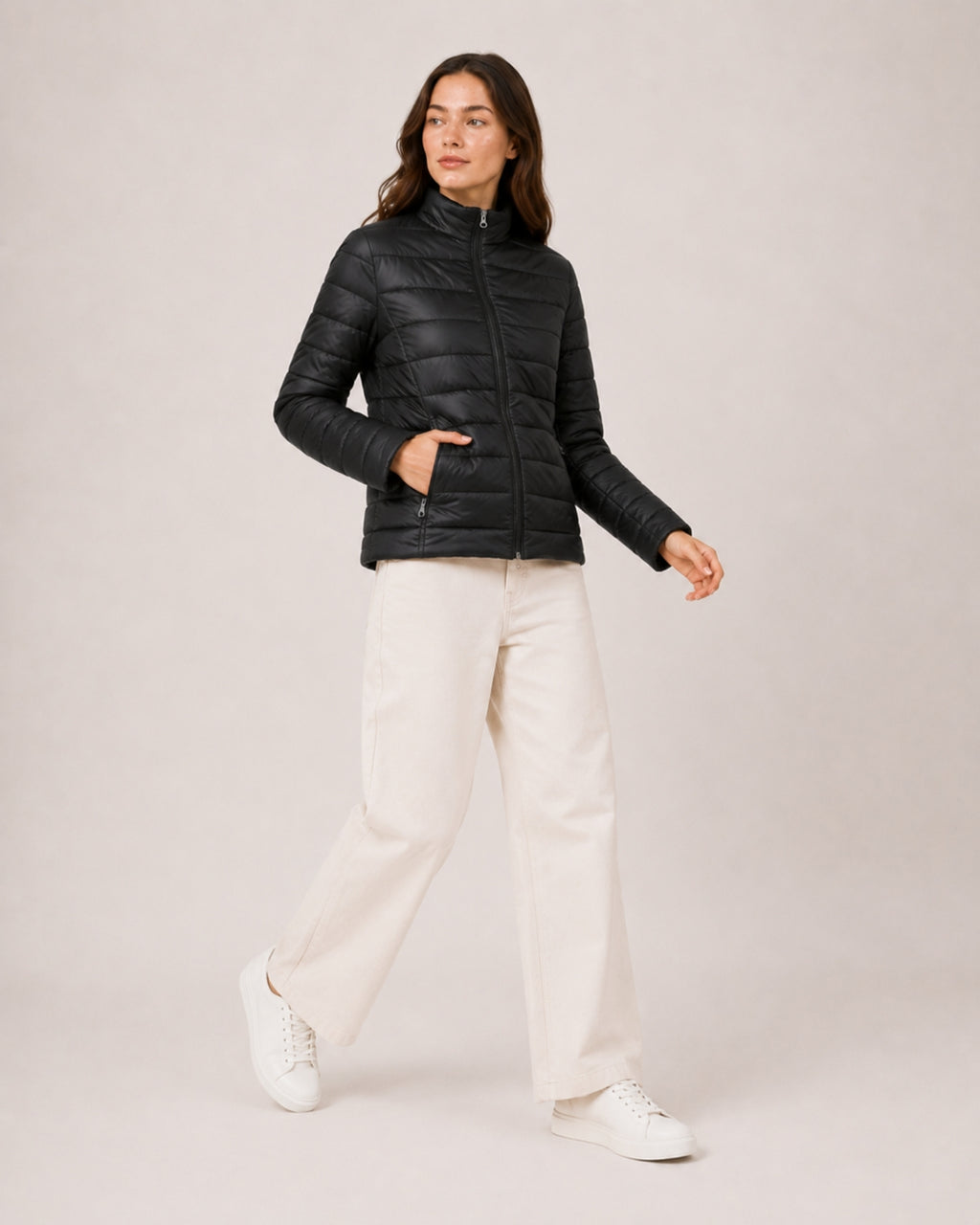 Women's Quilted Puffer Jacket with Stand Collar and Fitted Shape