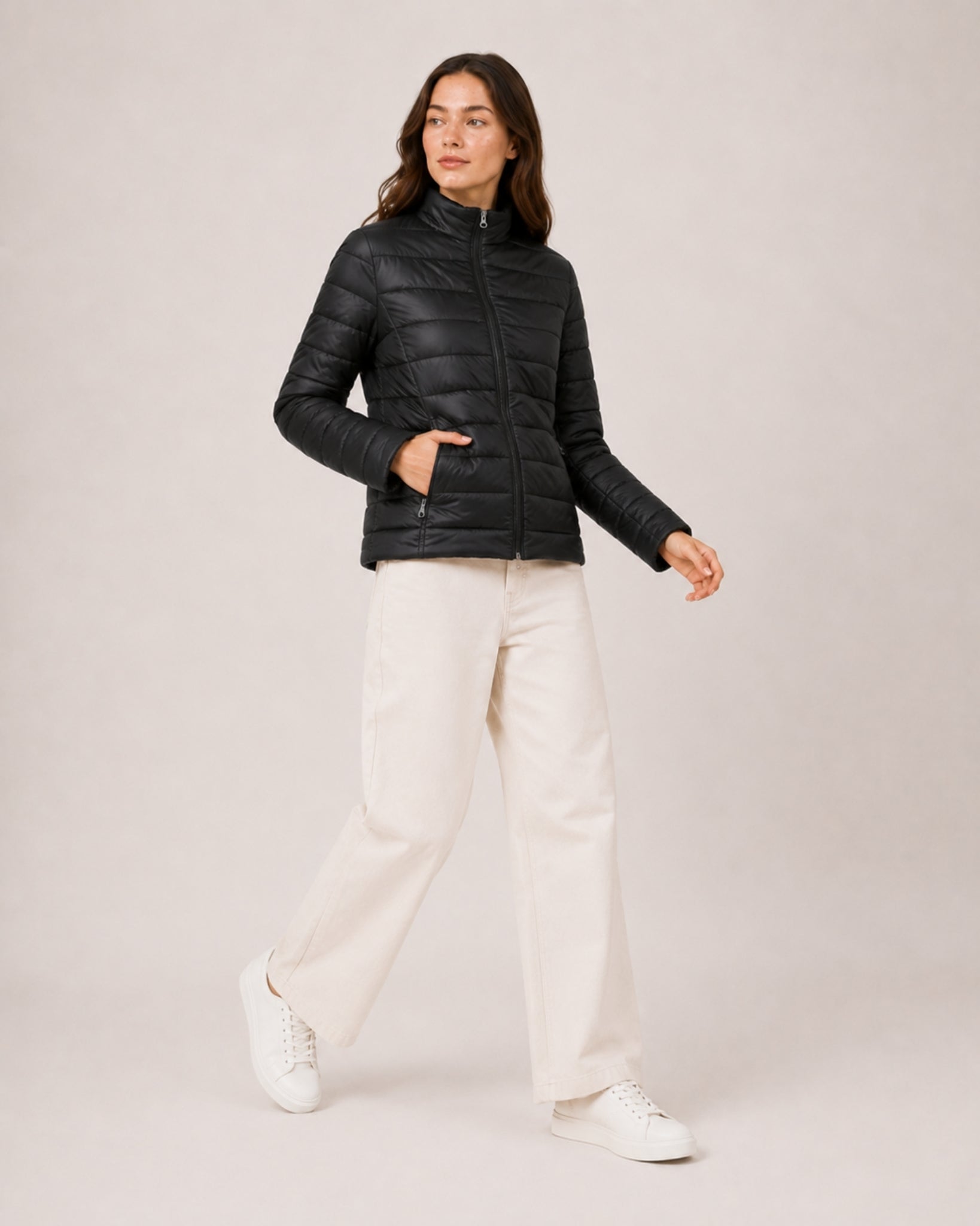 Women's Quilted Puffer Jacket with Stand Collar and Fitted Shape