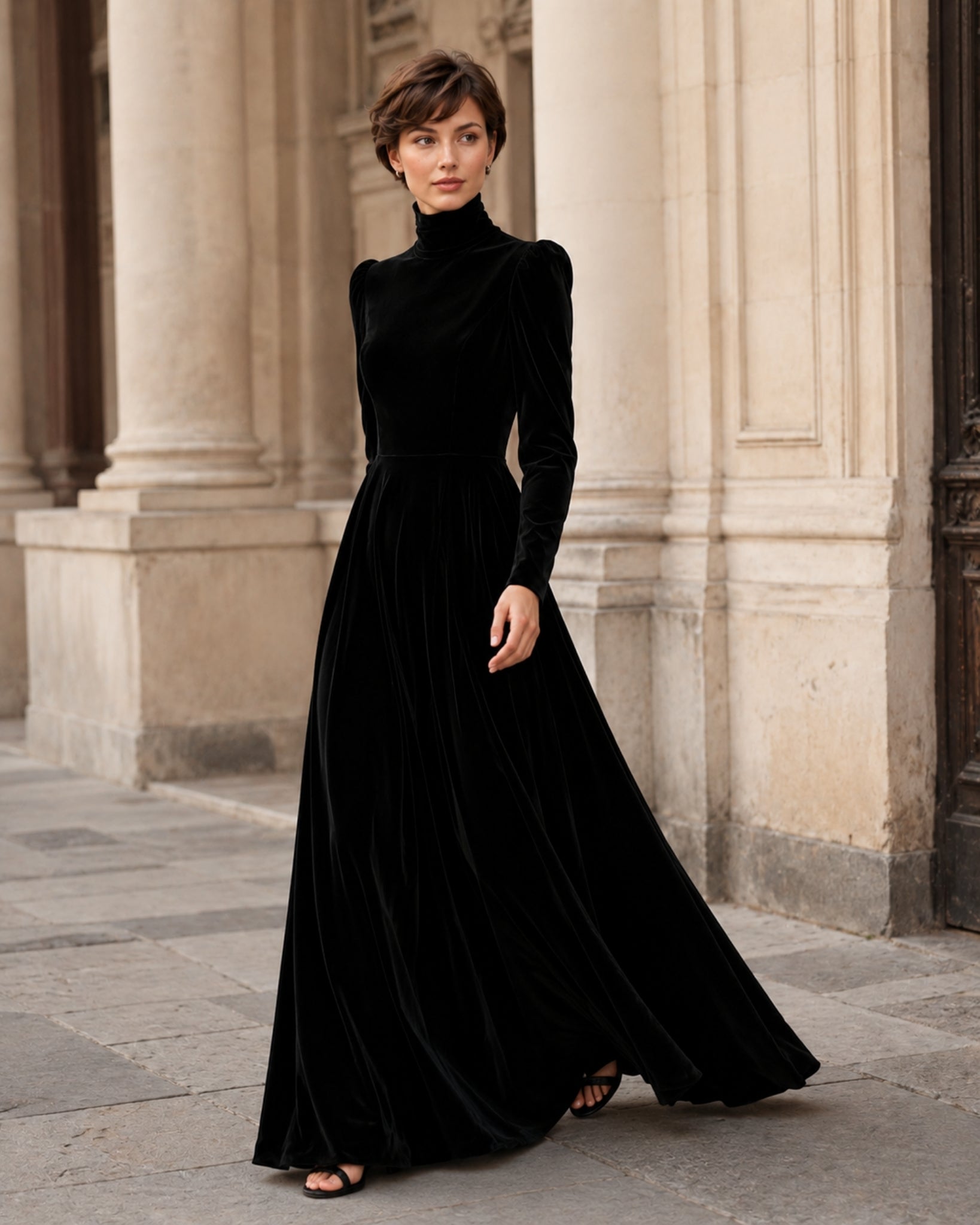 Women's Velvet Dress High Neck Long Sleeve A Line Style