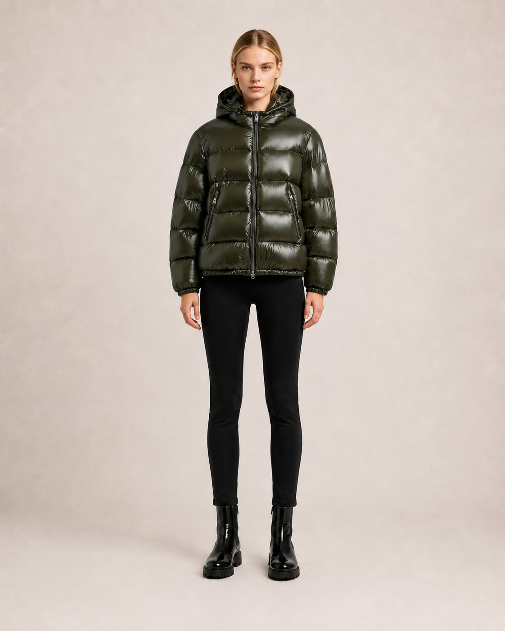 Women's Shiny Puffer Jacket with High Collar