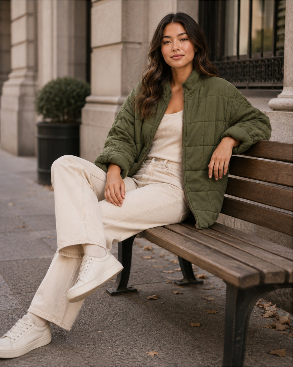 Women's Green Quilted Jacket – Relaxed Zip-Up Style