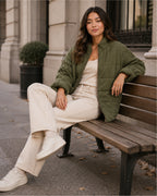 Women's Green Quilted Jacket – Relaxed Zip-Up Style