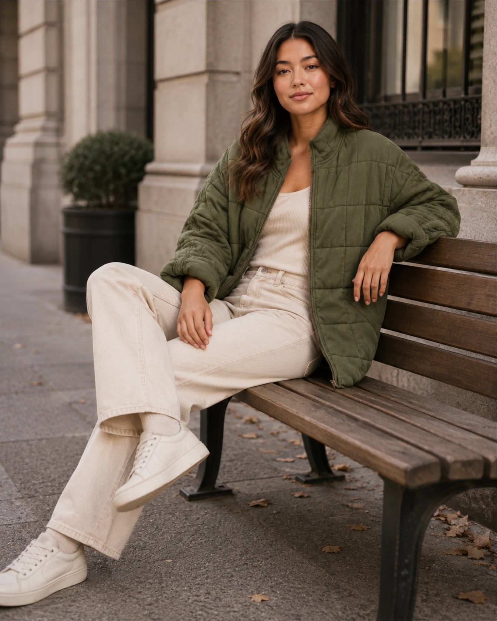 Women's Green Quilted Jacket – Relaxed Zip-Up Style