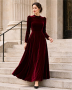 Women's Velvet Dress Midi Long Sleeve A Line Style