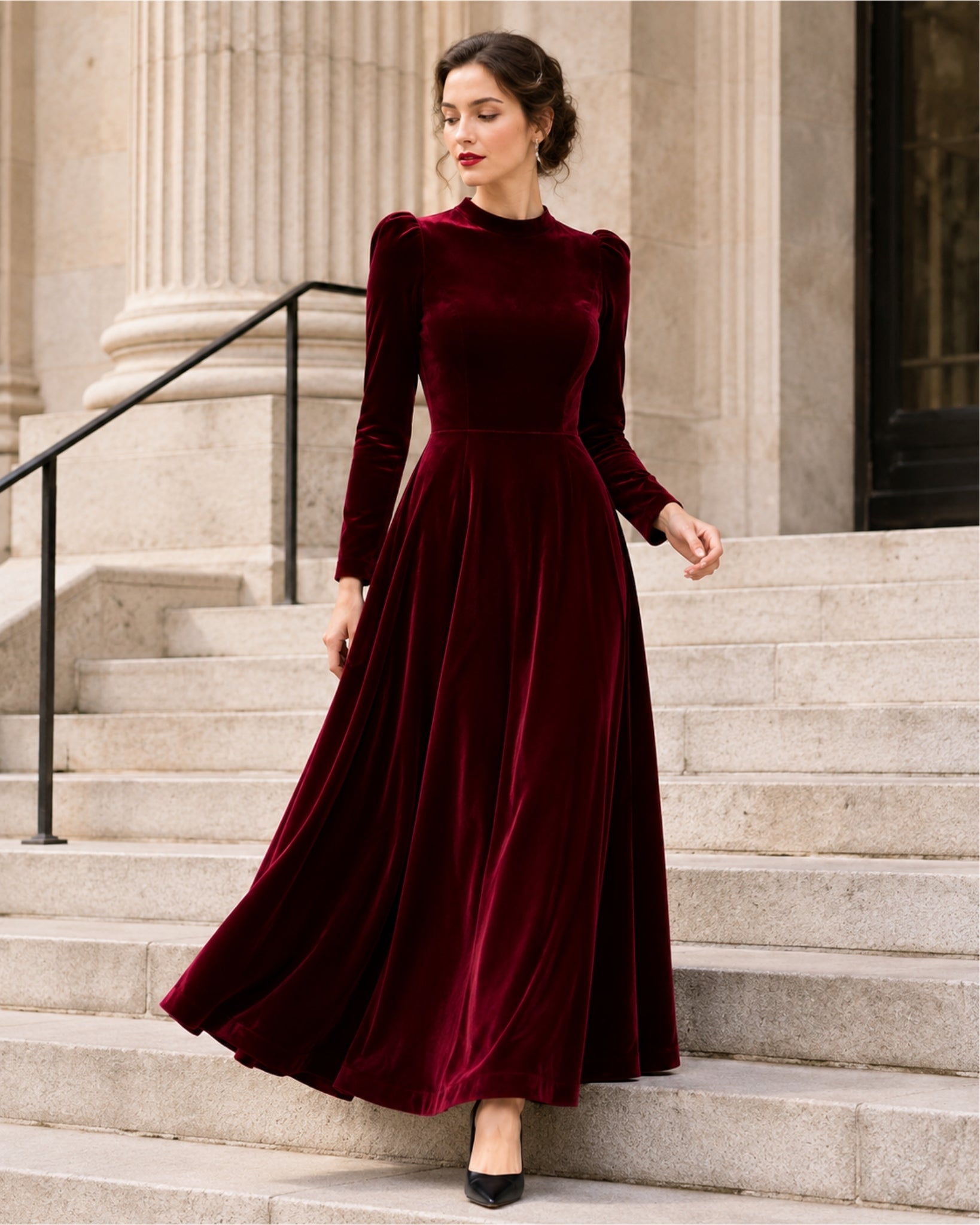 Women's Velvet Dress Midi Long Sleeve A Line Style