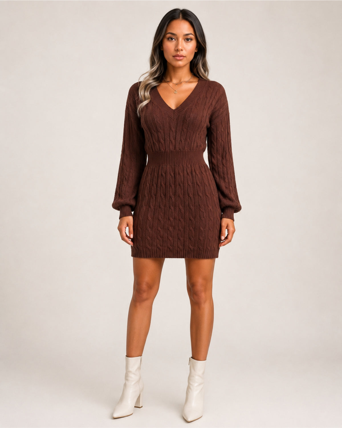 Women's Cable Knit Midi Dress – V Neck Long Sleeve Knitted Dress