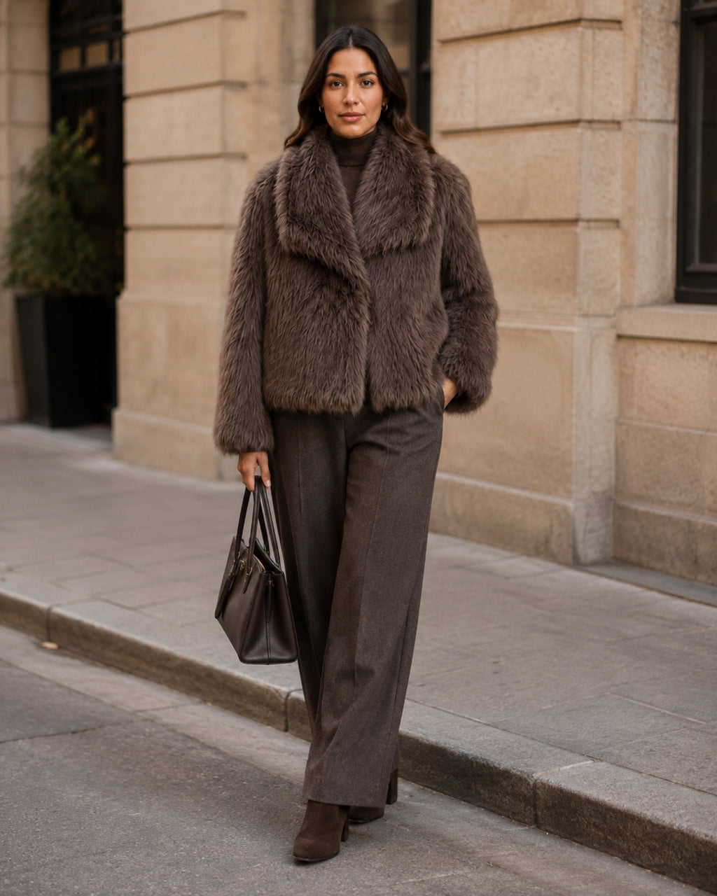Women's Brown Faux Fur Jacket – Cropped Fur Jacket