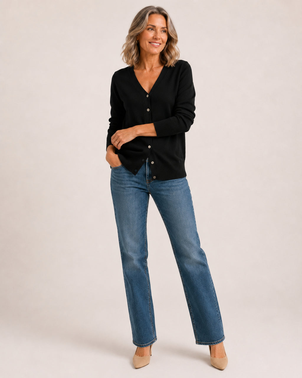 Women's Black V-Neck Button-Up Cardigan