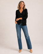 Women's Black V-Neck Button-Up Cardigan