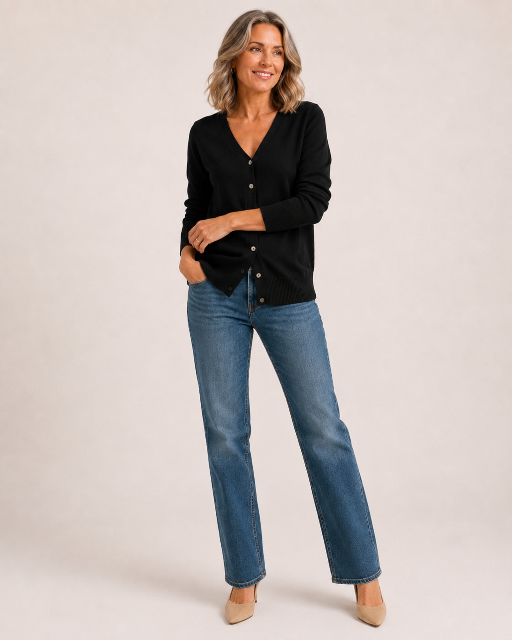 Women's Black V-Neck Button-Up Cardigan