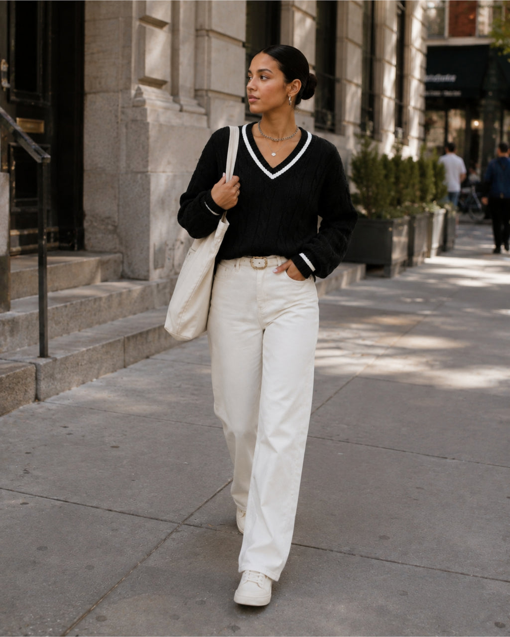 Women's V Neck Cable Knit Jumper with Contrast Trim