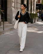 Women's V Neck Cable Knit Jumper with Contrast Trim