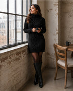 Women's Cable Knit Jumper Dress – Oversized Roll Neck Knitted Dress