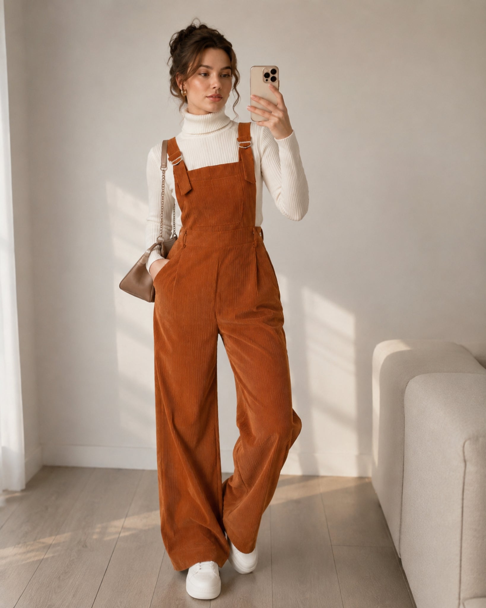 Women's Brown Corduroy Overalls with Wide Leg