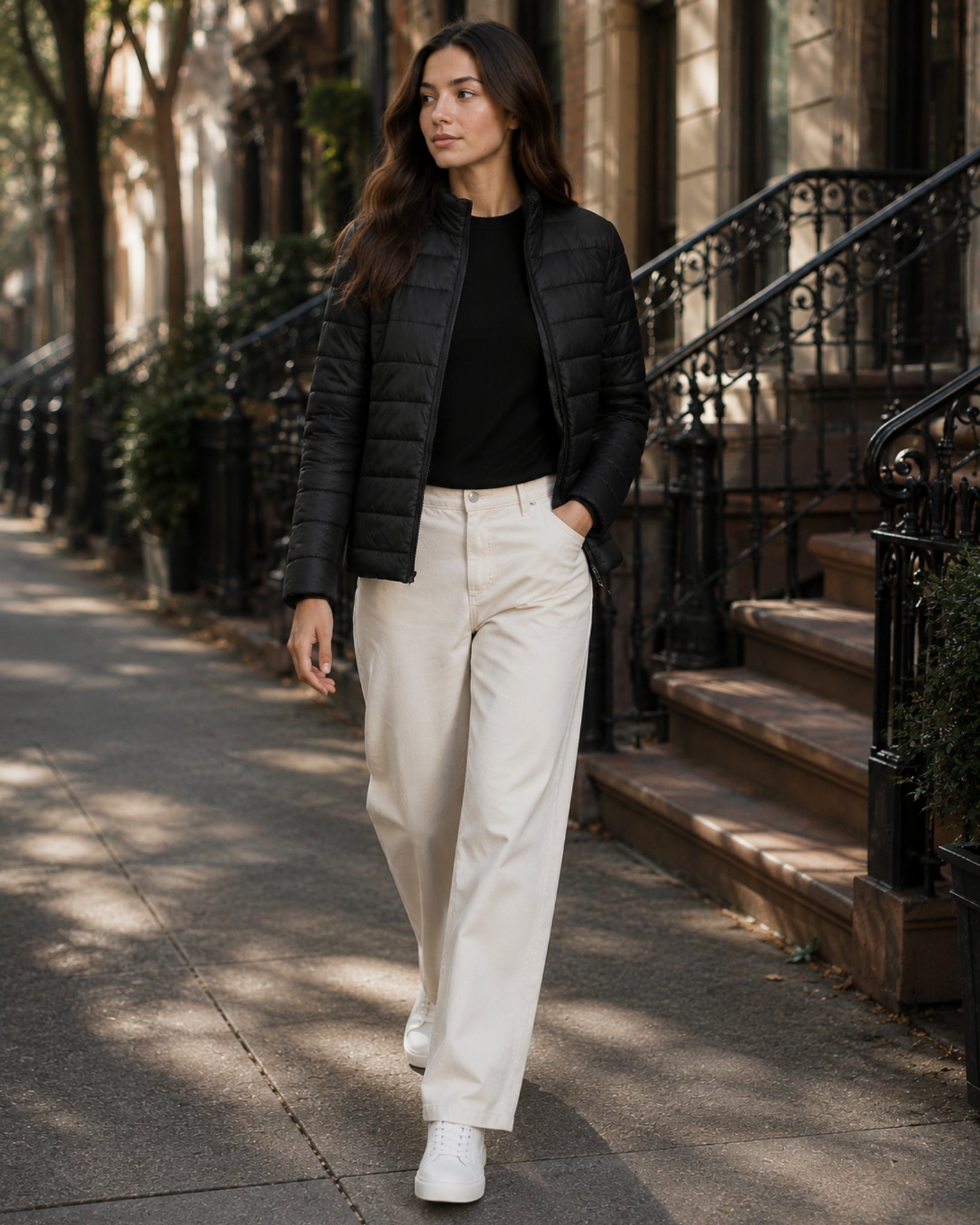 Women's Quilted Puffer Jacket with Stand Collar and Fitted Shape