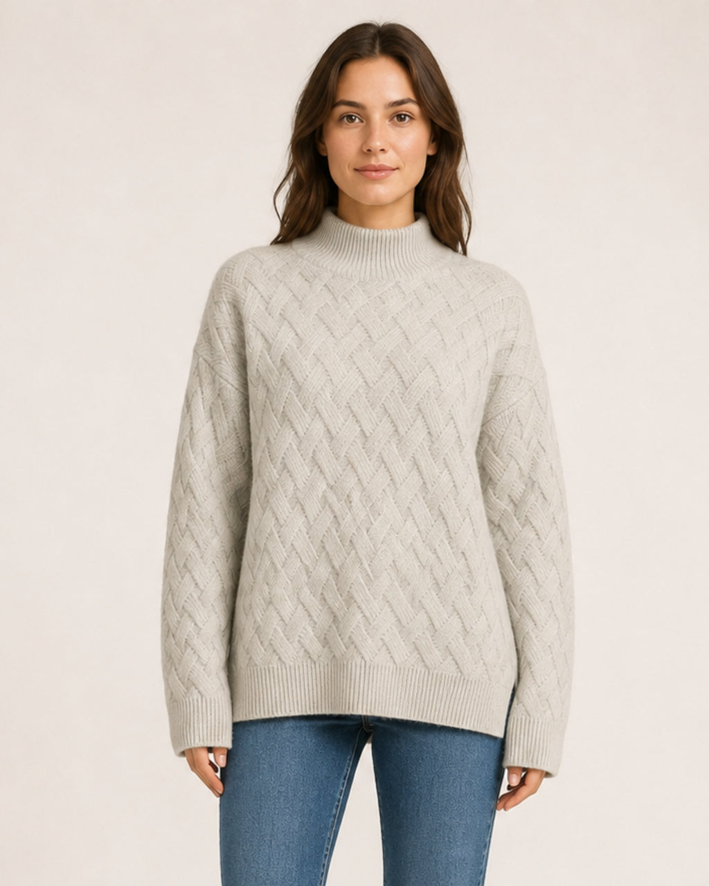 Women's Textured Roll-Neck Jumper with Basketweave Knit