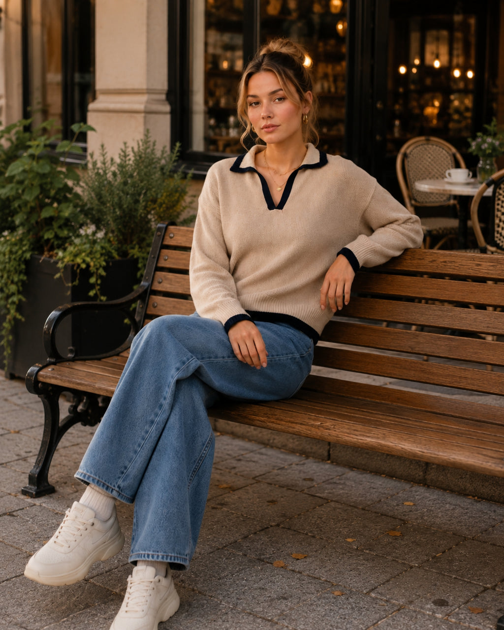 Women's V Neck Collared Knitted Jumper
