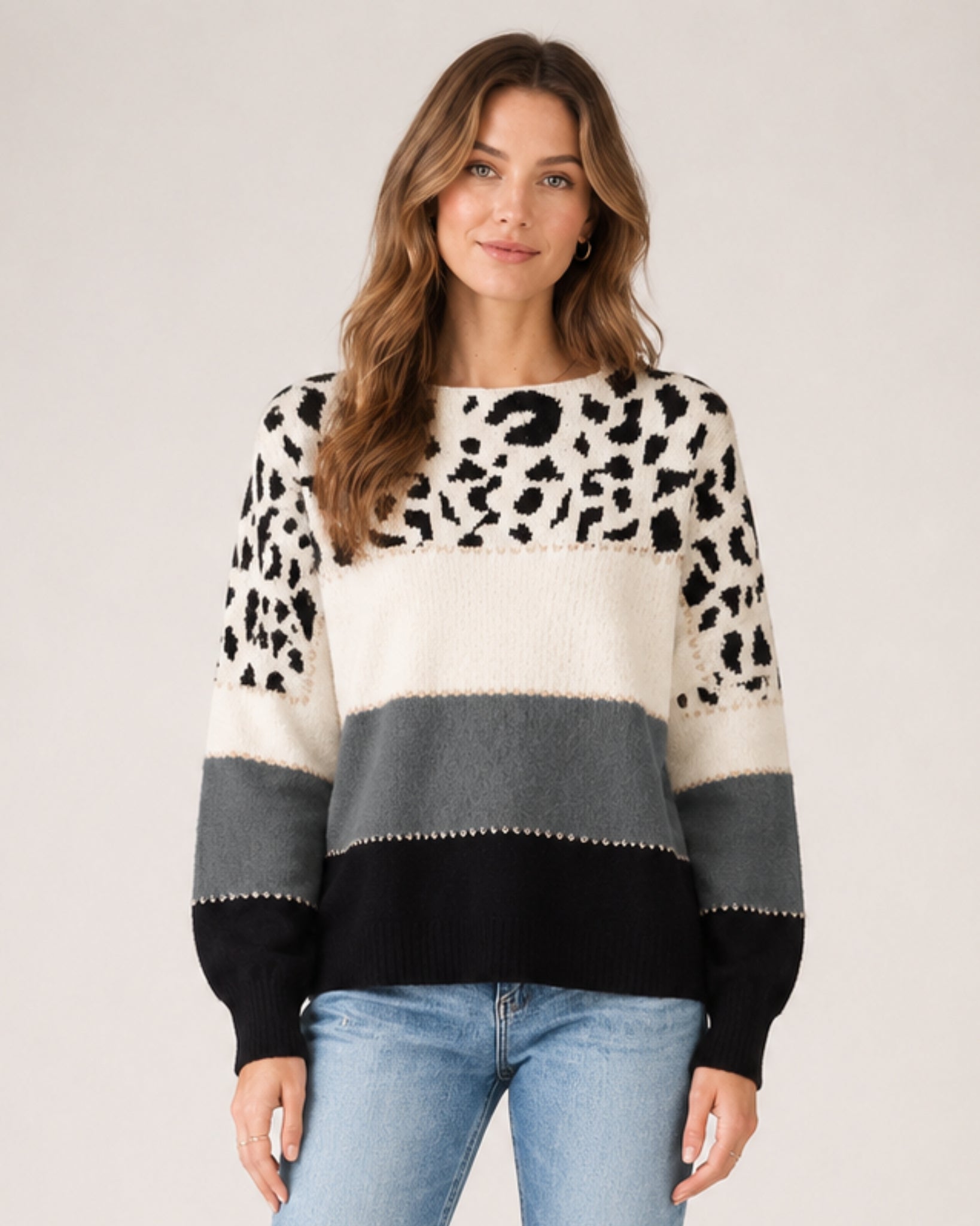 Women's Knitted Jumper Patterned Colour Block Crew Neck Style
