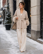 Women's Short Belted Coat with Faux Fur Cuffs