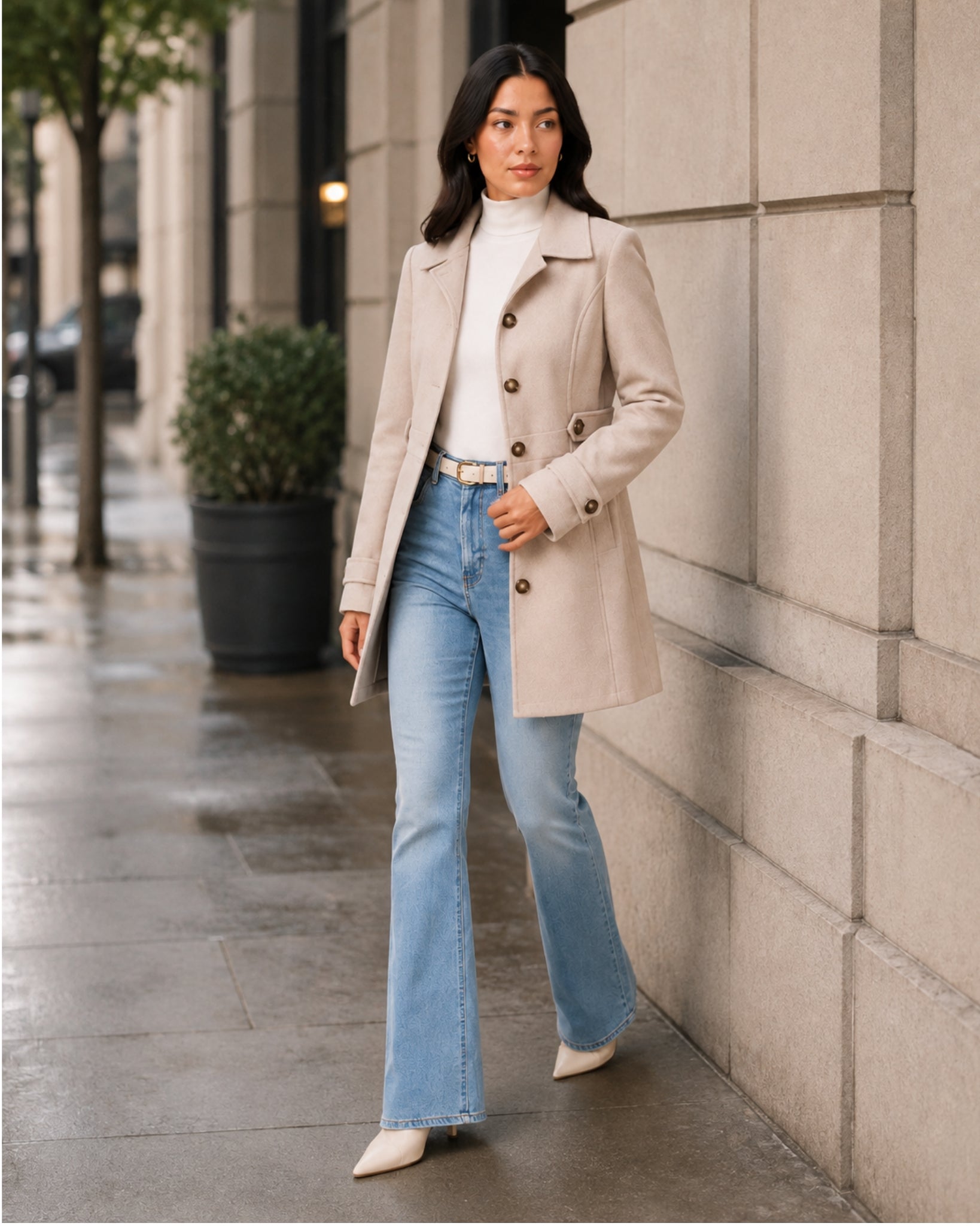 Women's Mid-Length Trench Coat – Tailored Button-Front Lightweight Coat