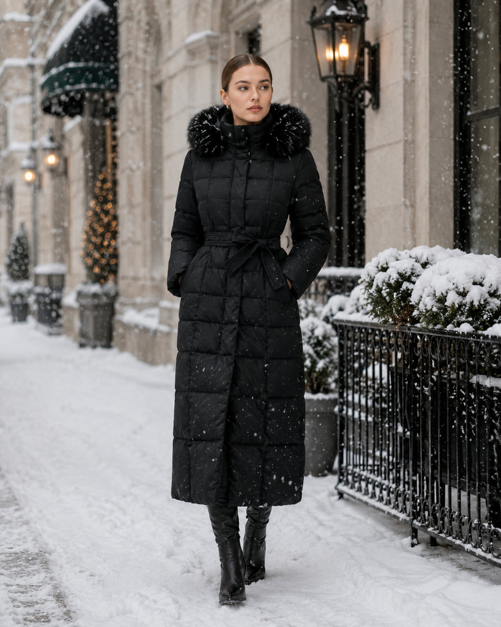 Women's Long Puffer Coat with Faux Fur Hood & Belt