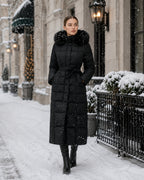 Women's Long Puffer Coat with Faux Fur Hood & Belt