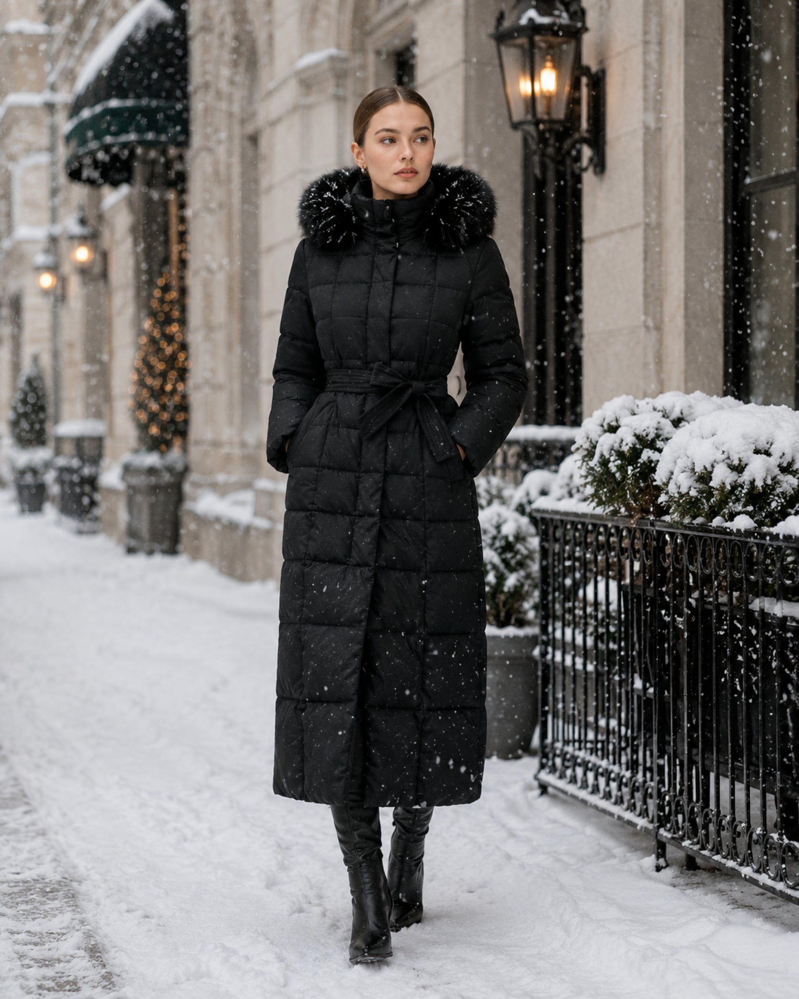 Women's Long Puffer Coat with Faux Fur Hood & Belt