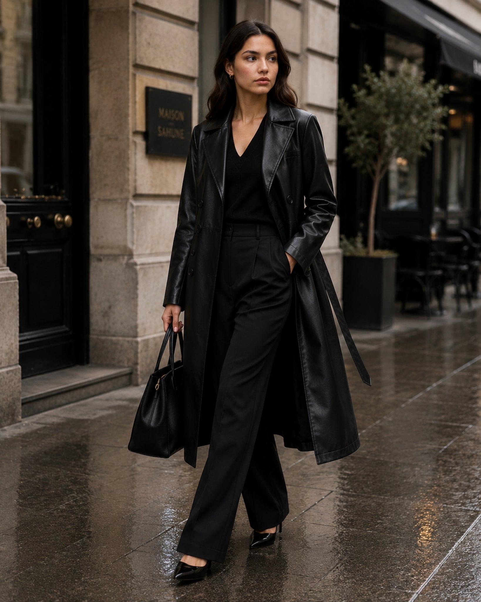 Women's Trench Coat Faux Leather Longline Belted Style
