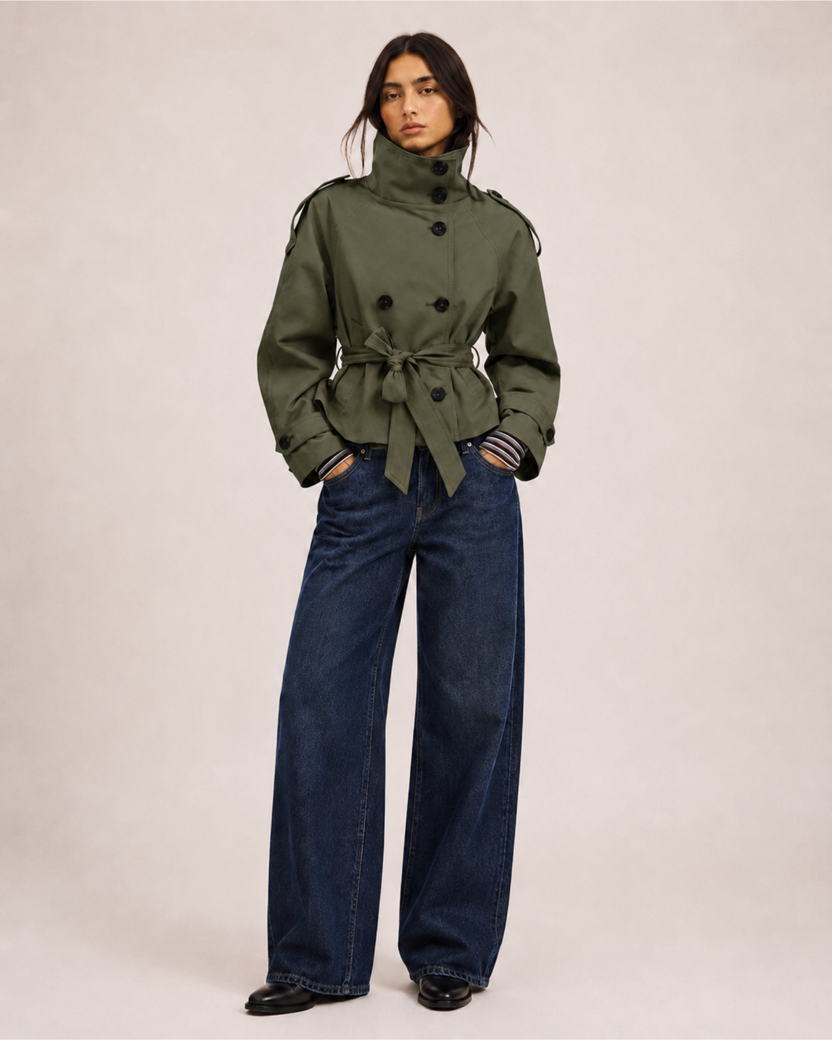 Women's Cropped Trench Coat with Belt & Stand Collar