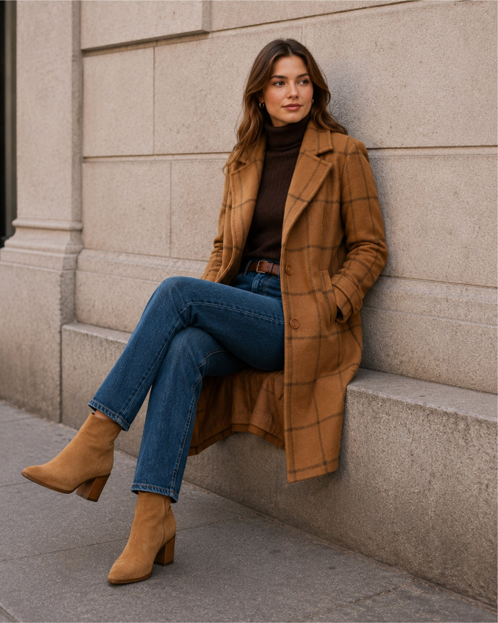 Women's Checked Coat Long Tailored Button Front Style