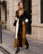 Women's Long Trench Coat with Patchwork Colour Block Design