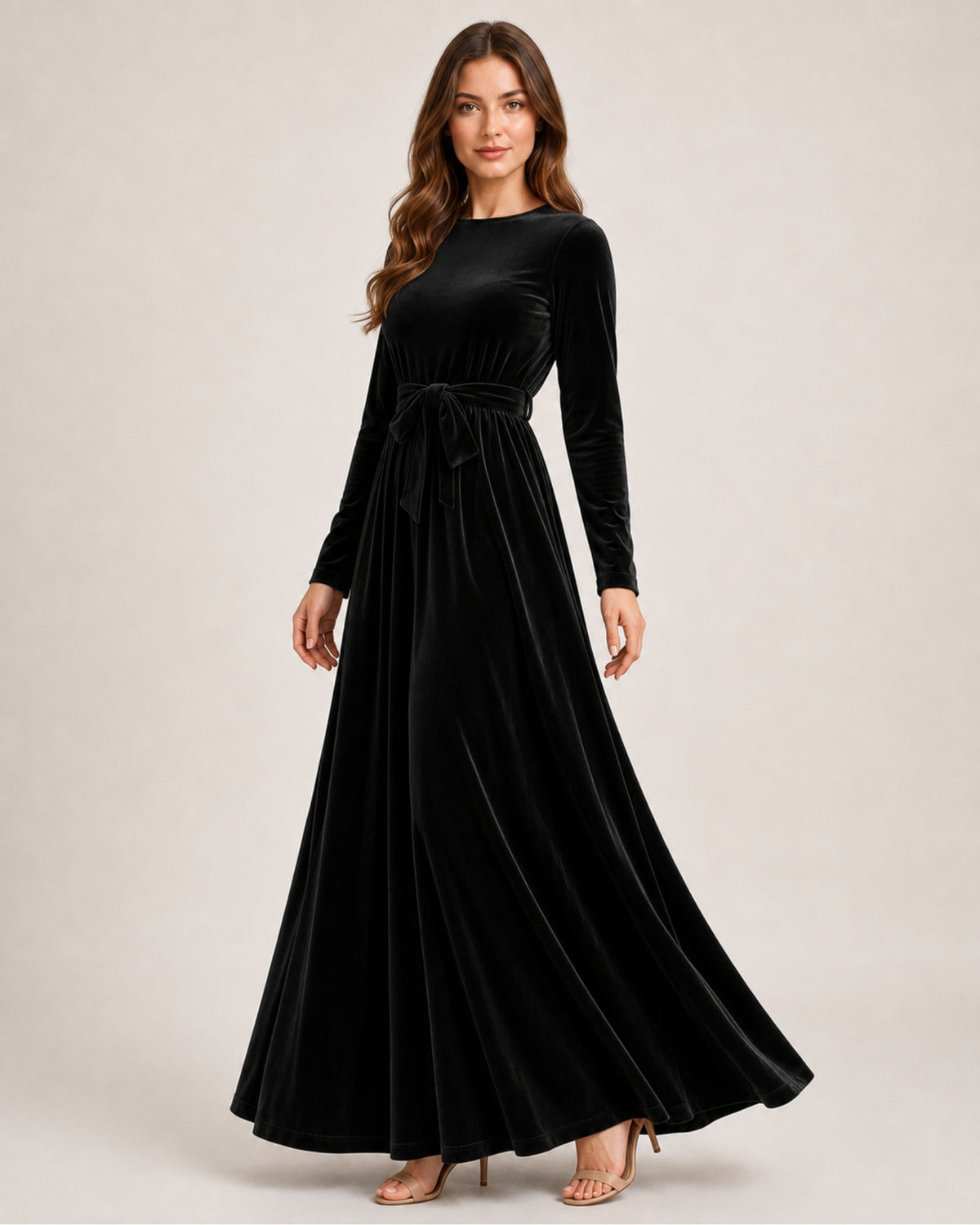 Women's Velvet Maxi Dress Long Sleeve Belted Style
