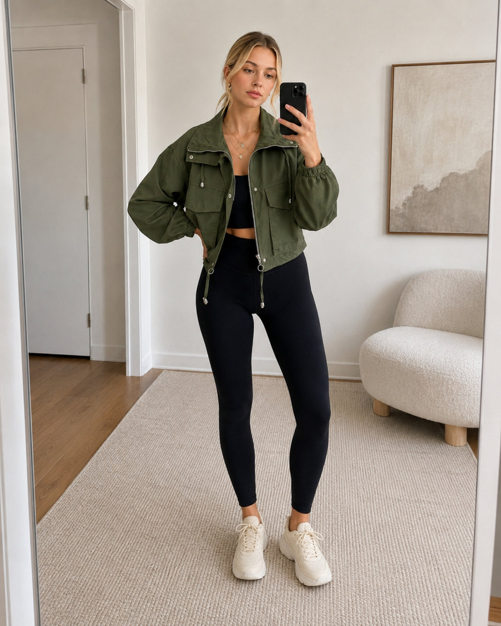 Women's Cropped Utility Jacket with Stand Collar and Chest Pockets