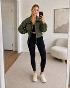 Women's Cropped Utility Jacket with Stand Collar and Chest Pockets
