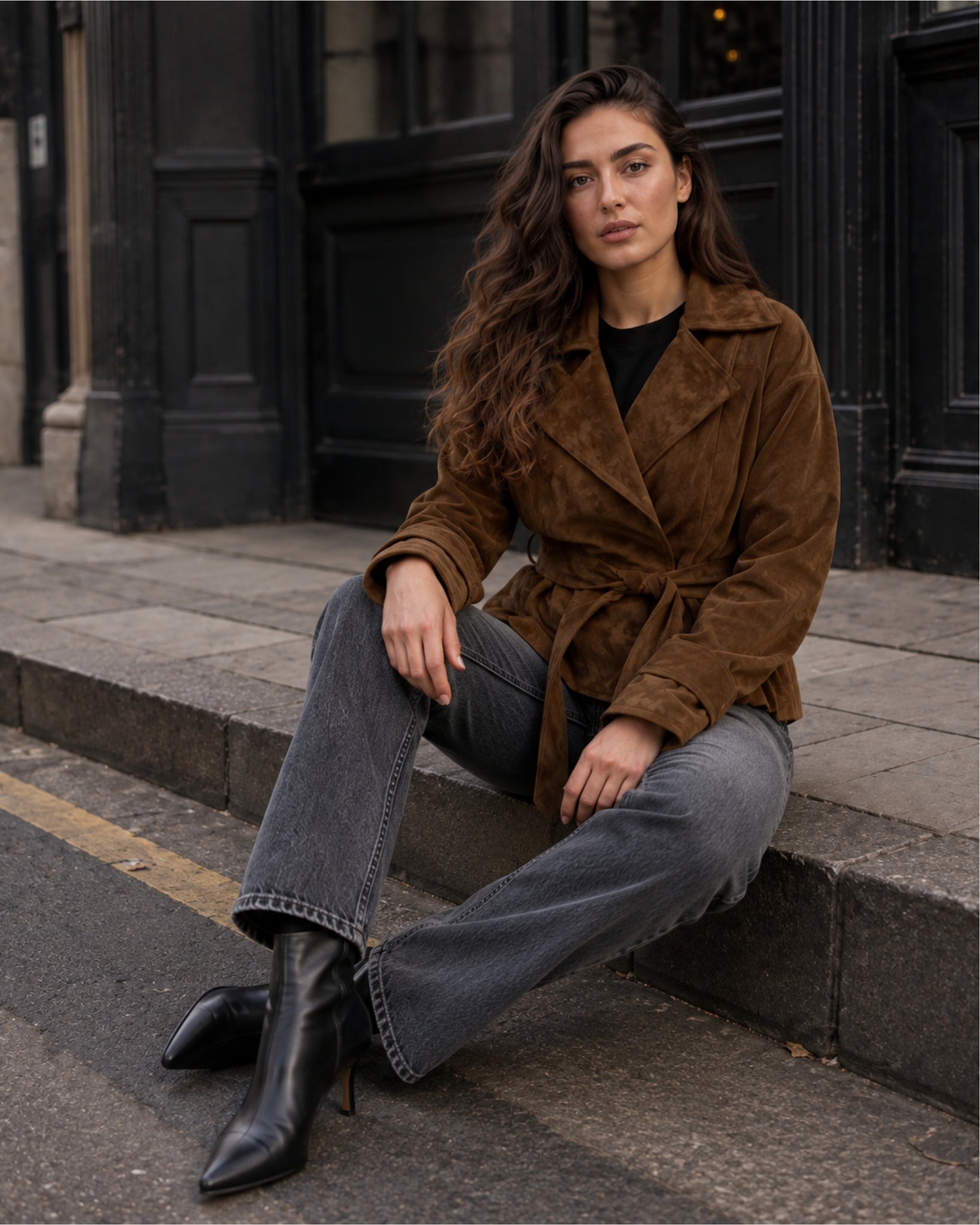 Women's Brown Suede Belted Jacket