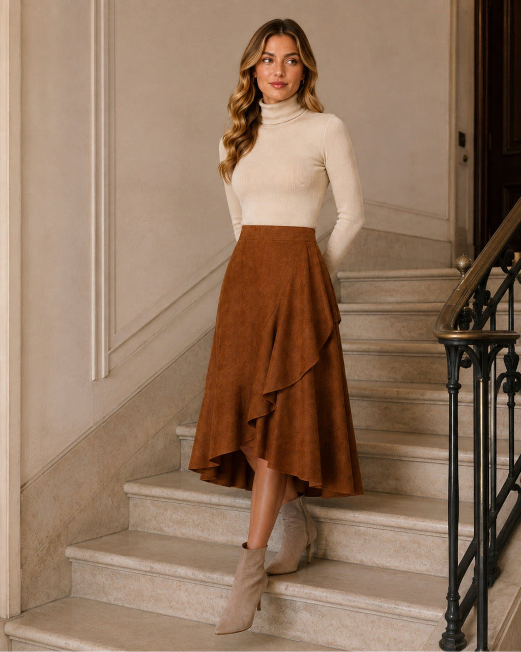 Women's Faux Suede Ruffle Midi Skirt