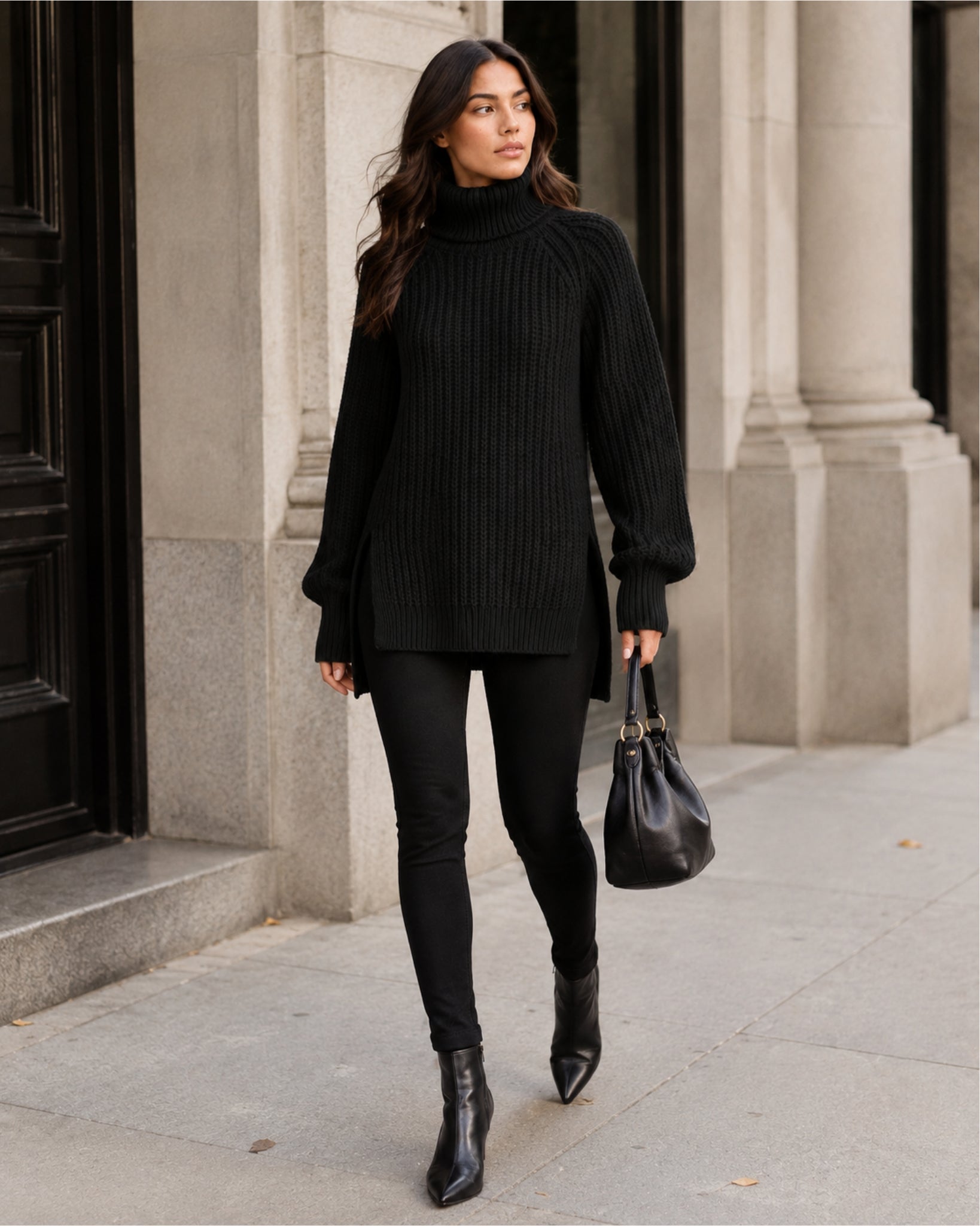 Women's Chunky Knit Roll Neck Jumper with Side Splits