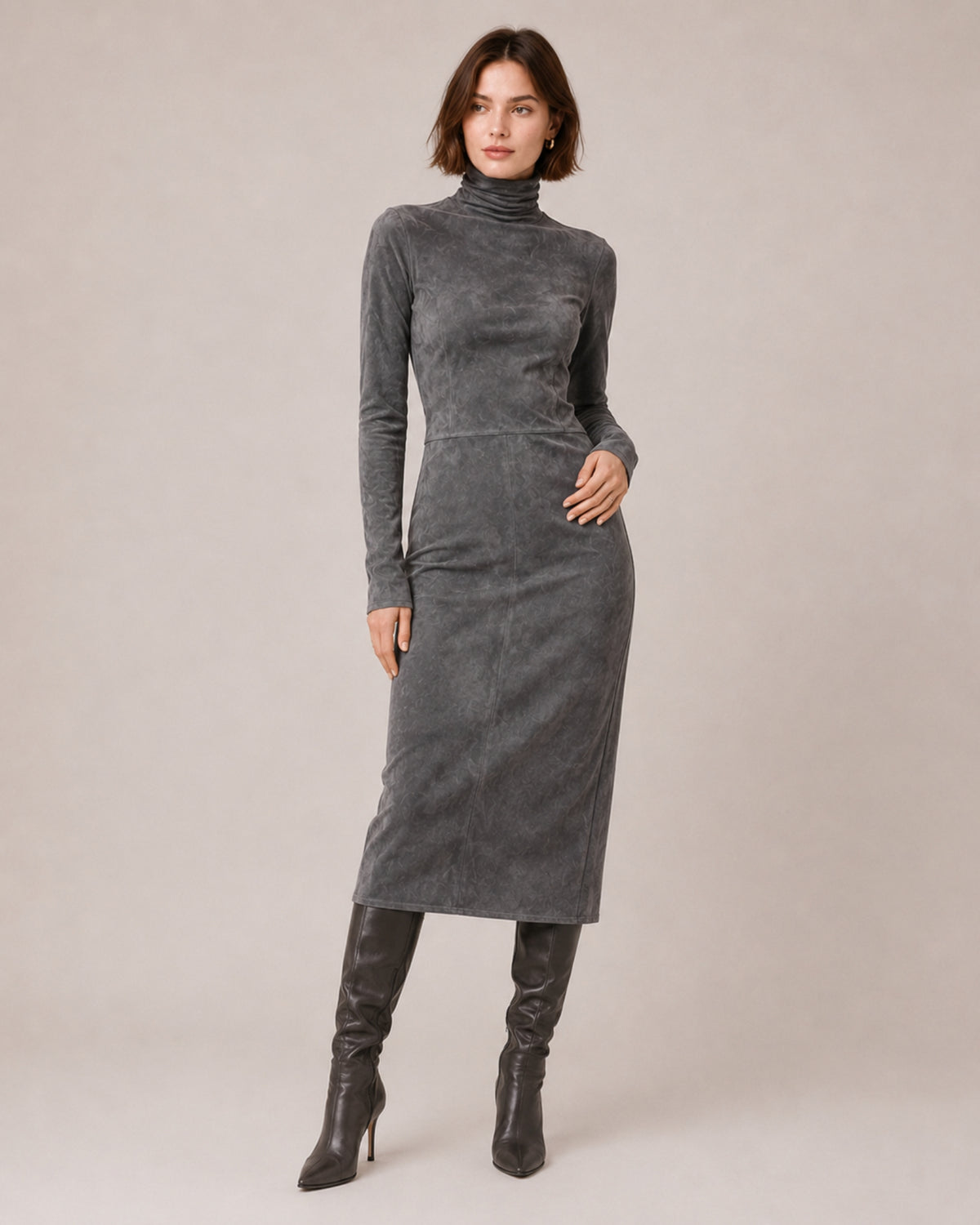 Women's Faux Suede Midi Dress – Long Sleeve