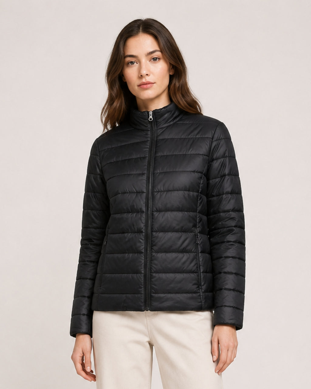 Women's Quilted Puffer Jacket with Stand Collar and Fitted Shape